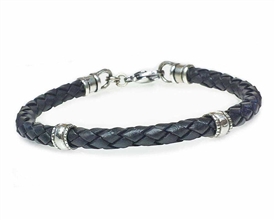 BLACK Leather Cord Bracelet with 5mm Silver Beads