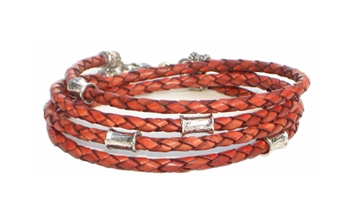 RUST Leather Double Double Bracelet with 4 mm Silver Beads