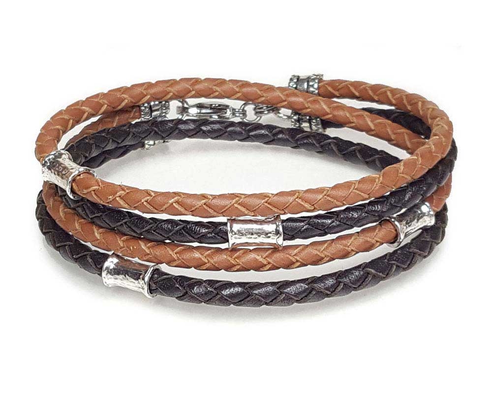 SADDLE and BROWN Leather Double Double Bracelet with Sterling Silver Beads