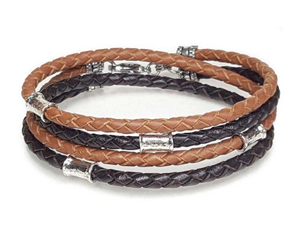 SADDLE and BROWN Leather Double Double Bracelet with Sterling Silver