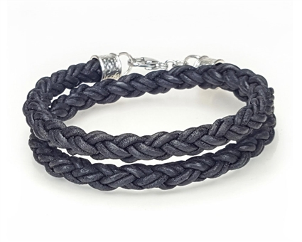 Braided Leather Rope Bracelet - Double Wrap - Black