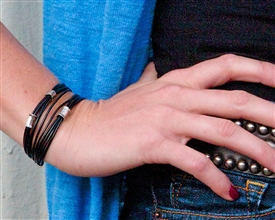 Women's Multi Strand BLACK Leather Cord Bracelet with Silver Beads