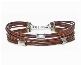 Multi Strand BROWN Leather Cord Bracelet with Silver Beads