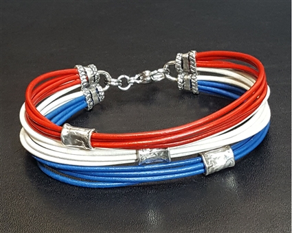 Red White and Blue Leather Cord Bracelet with Silver Beads