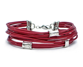 Multi Strand RED Leather Cord Bracelet with Silver Beads