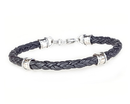 Braided BLACK Leather Bracelet with Sterling Silver Beads