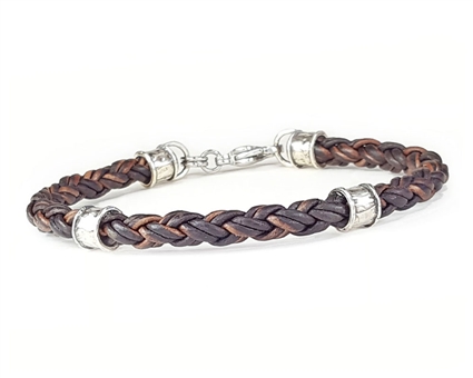 Braided BROWN Leather Bracelet with Sterling Silver Beads