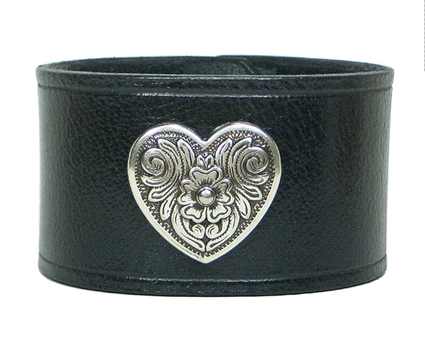 Heart Medallion BLACK Leather Wristband