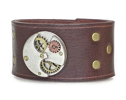 Steampunk ROUND "Gears" 1 1/2" Brown Leather Wristband