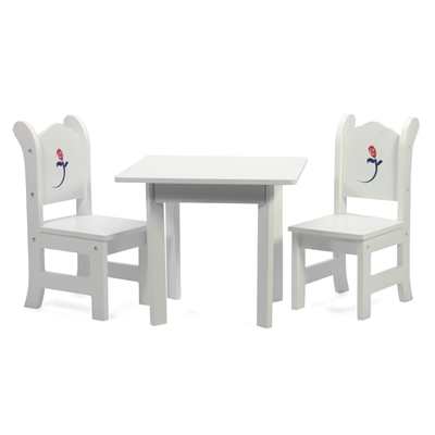 18-Inch Doll Furniture - White Table with Chairs and Rose Graphic - fits American Girl ® Dolls