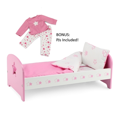 18-inch Doll Furniture - Pink Single Bed with Star Detail (Includes Bedding) - fits American Girl ® Dolls