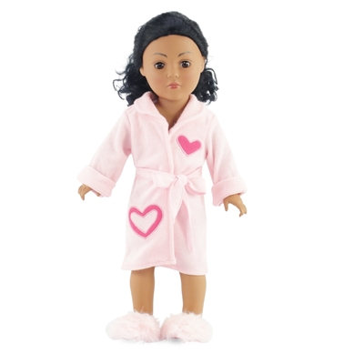 18-inch Doll Clothes - Pink Heart Bathrobe with Matching Fuzzy Slippers - fits American Girl ® Dolls