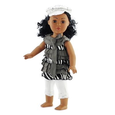 18-inch Doll Clothes - Zebra Ruffle Shirt with Leggings and White Sparkly Hat - fits American Girl ® Dolls