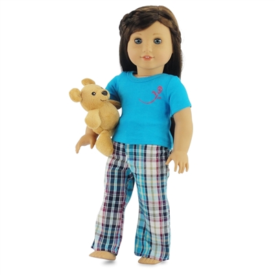 18-inch Doll Clothes - Plaid Style Pajamas/PJs plus Teddy Bear - fits American Girl ® Dolls
