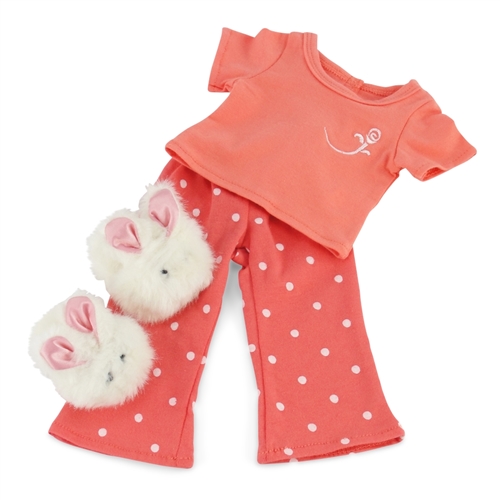 18-inch Doll Clothes - Coral Polka Dot Pajamas/PJs plus Bunny Slippers -  fits American Girl ® Dolls