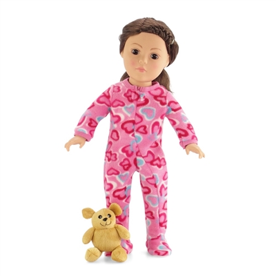 18-inch Doll Clothes - One Piece Footed Pink with Hearts Pajamas/PJs plus Teddy Bear - fits American Girl ® Dolls
