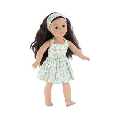 18 Inch Doll Clothes - Blue and Green Flowered Halter Dress - fits American Girl ® Dolls