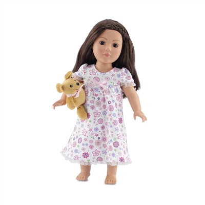 18 Inch Doll Clothes - Ruffled Pink Floral Nightgown with Teddy Bear - fits American Girl ® Dolls