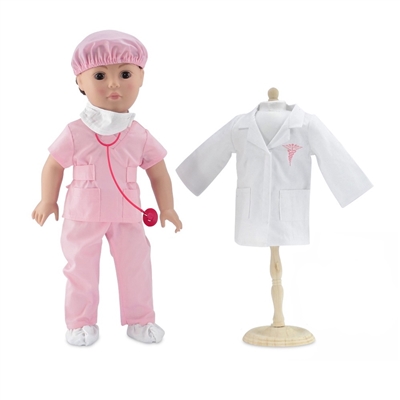18-Inch Doll Clothes - Doctor/Nurse Hospital Pink Scrubs Outfit with White Doctor's Coat - fits American Girl ® Dolls