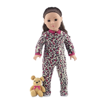 18 Inch Doll Clothes - Cheetah Print One-Piece Footed Pajamas/PJs with Teddy Bear - fits American Girl ® Dolls