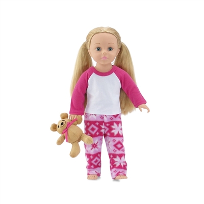 18-Inch Doll Clothes - Snowflake Print Two-Piece Pajamas/PJs with Teddy Bear - fits American Girl ® Dolls