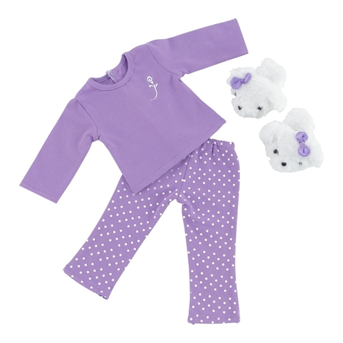 18-inch Doll Clothes - Lavender Polka Dot Pajamas/PJs plus Puppy