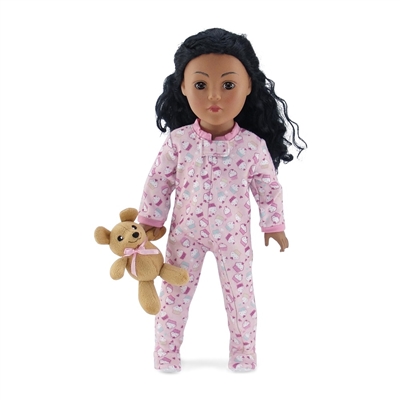 18-inch Doll Clothes - Pink Cupcake Print One-Piece Footed Pajamas/PJs with Teddy Bear - fits American Girl ® Dolls