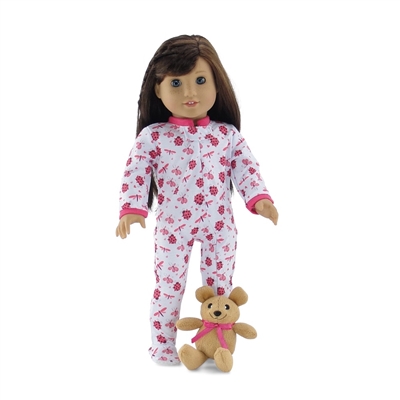 18-inch Doll Clothes - Ladybug Print One-Piece Footed Pajamas/PJs with Teddy Bear - fits American Girl ® Dolls