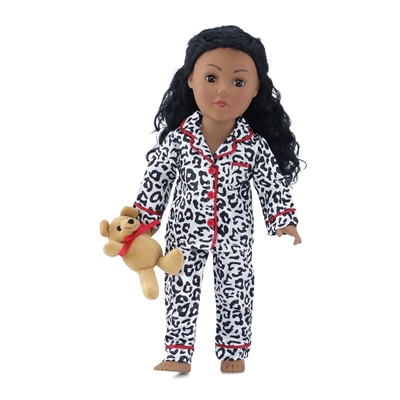 18-inch Doll Clothes - Black and White Cheetah Print 2-Piece Pajamas/PJs with Teddy Bear - fits American Girl ® Dolls