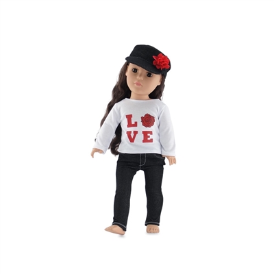 18 Inch Doll Clothes - Love T-Shirt with Black Skinny Jeans and Hat - fits American Girl ® Dolls