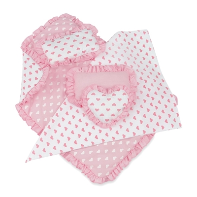 18-Inch Doll Accessories - Reversible Pink Heart Print Ruffled Bedding Set - fits American Girl ® Dolls