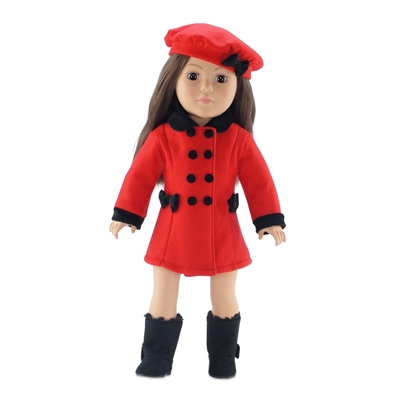 18 Inch Doll Clothes - Red and Black Coat with Hat and Boots - fits American Girl ® Dolls