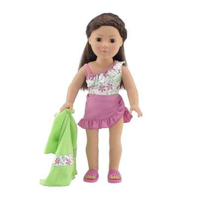 18-Inch Doll Clothes - Four-Piece Pink Floral Print One Piece Swimsuit Set - fits American Girl ® Dolls