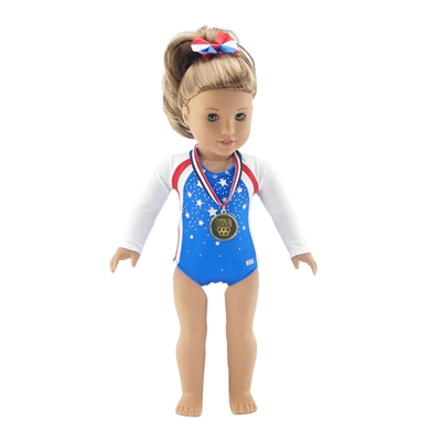 18-inch Doll Clothes - Gymnastics Leotard plus Gold Medal and Hair Bow - fits American Girl ® Dolls