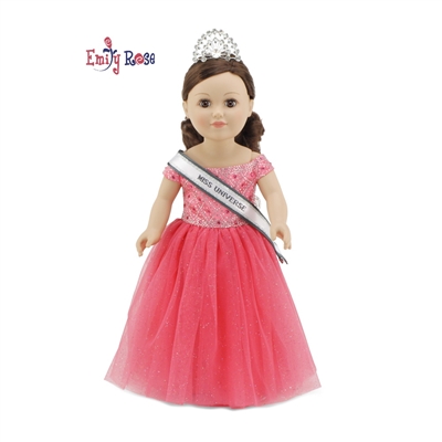 18-inch Doll Clothes - Miss Universe-Inspired 3 Piece Pageant 18" Doll Outfit with Sparkly Sash and Bejeweled Crown - fits American Girl ® Dolls