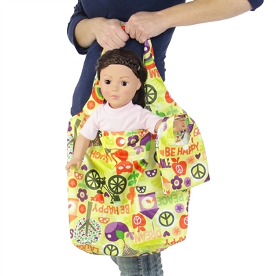 18-inch Doll Accessories - Yellow Love and Peace Print Doll Tote Bag Plus Matching Doll Purse - fits American Girl ® Dolls