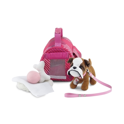 18 Inch Doll Accessories - Pet Carrier and Bulldog Puppy with Accessories - fits American Girl ® Dolls