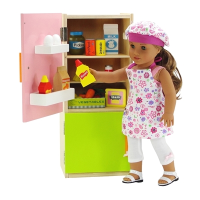 18-inch Doll Furniture - Green Wooden Refrigerator/Freezer with Accessories - fits American Girl ® Dolls
