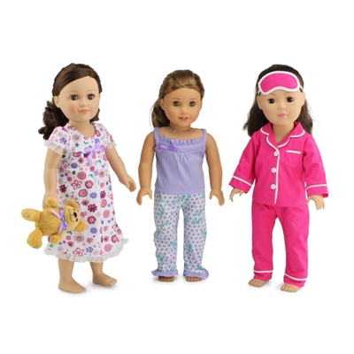 18-Inch Doll Clothes - Value Pack Set of 3 Pajamas PJs with Teddy Bear - fits American Girl ® Dolls