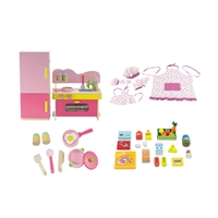 18-inch Doll Wooden Kitchen Oven/Fridge Set with Pretend Food & Accessories Bundled with a Child/Doll Matching Apron/Hat/Mitts Baking Cooking Set