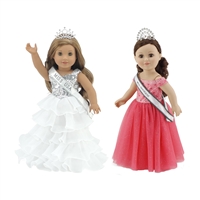 18-inch Doll Stunning White Pageant Gown Dress & Sash/Crown Outfit Bundled with Our Lovely Salmon Colored Dress & Accessories 18" Doll Clothes Set | Compatible with American Girl Dolls