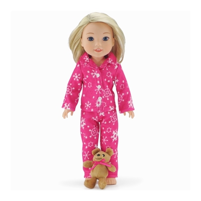 14-inch Doll Clothes - Pink Snowflake Print 2-Piece Classic Pajamas/PJs with Teddy Bear - fits Wellie Wishers ® Dolls