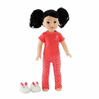 14-inch Doll Clothes - Coral Polka Dot Pajamas/PJs plus Bunny Slippers - fits Wellie Wishers ® Dolls