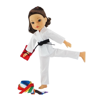 14-inch Doll Clothes - Karate Outfit with 9 Color Belts and Red Kick-Pad - fits Wellie Wishers ® Dolls