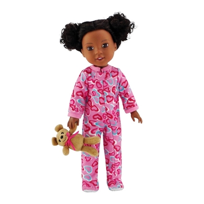 14-inch Doll Clothes - One Piece Footed Pink with Hearts Pajamas/PJs plus Teddy Bear - fits Wellie Wishers ® Dolls