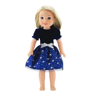 14-inch Doll Clothes - Midnight Blue Holiday Evening Dress with Silver Stars - fits Wellie Wishers ® Dolls