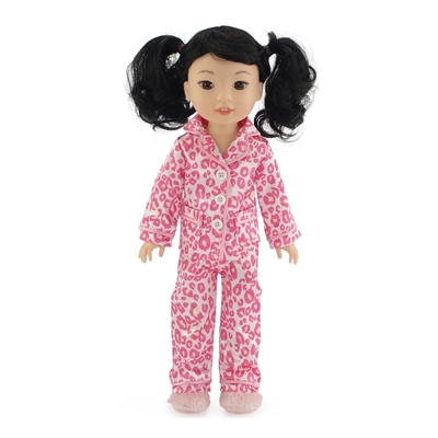 14-inch Doll Clothes - Pink Leopard Print Pajamas/PJs plus Fuzzy Slippers - fits Wellie Wishers ® Dolls