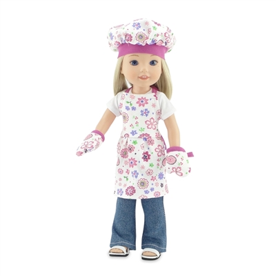 14-Inch Doll Clothes - Pink Floral Baking Outfit with Apron, Oven Mittens and Chef Hat - fits Wellie Wishers  ® Dolls