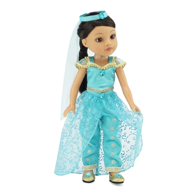14-inch Doll Clothes - Stunning Princess Jasmine Inspired Outfit and Shoes - fits Wellie Wishers® Dolls