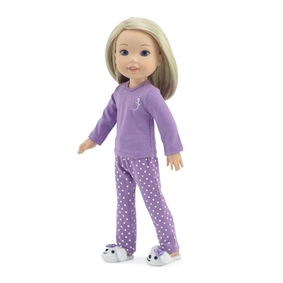 14-inch Doll Clothes - Lavender Polka Dot Pajamas/PJs plus Puppy Slippers - fits Wellie Wishers ® Dolls